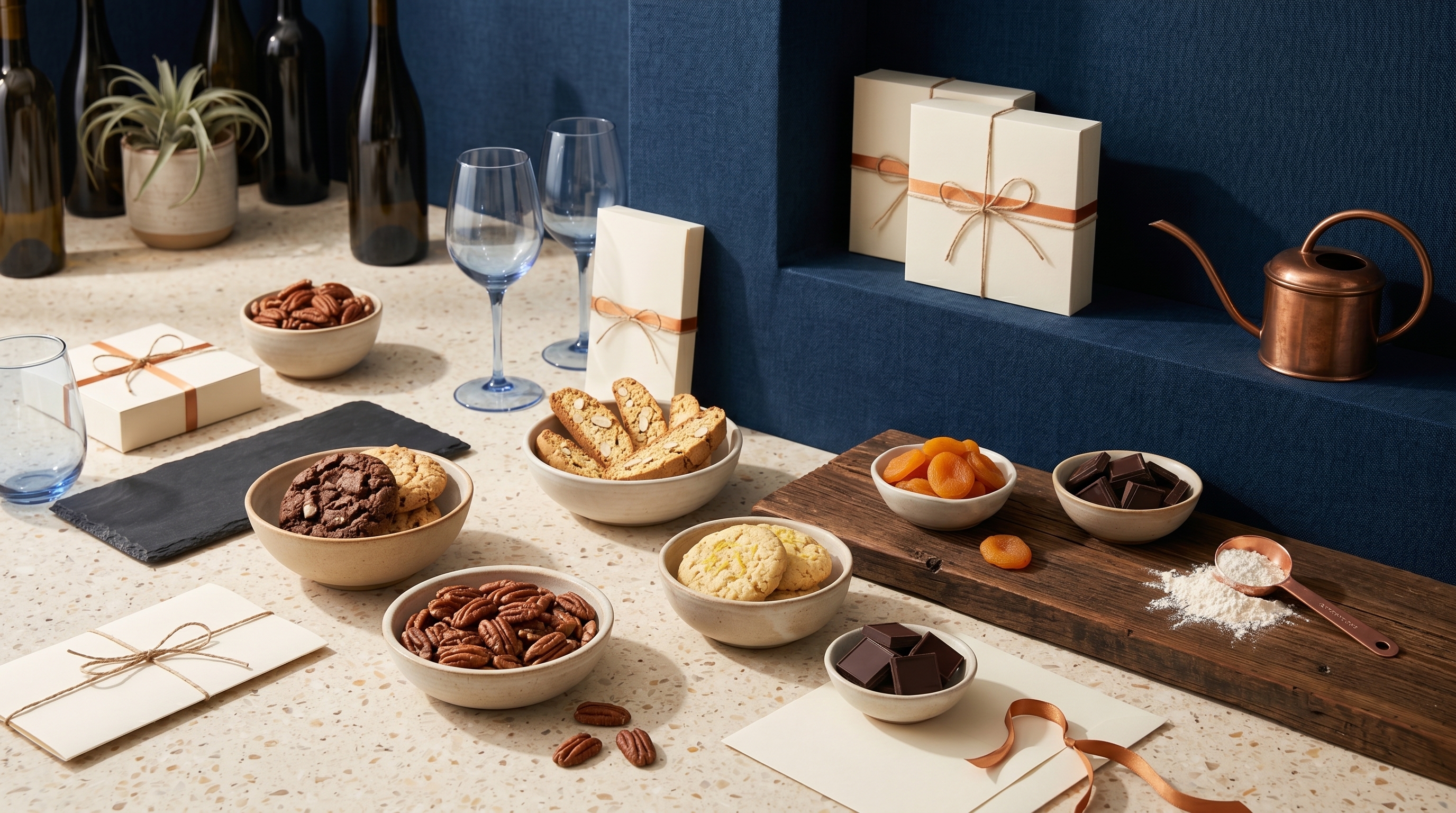 Editorial wide-angle view of a quiet tasting-room scene with a stoneware plate of cookies, a wine glass, and a linen napkin arranged on a warm-toned counter in soft directional daylight.